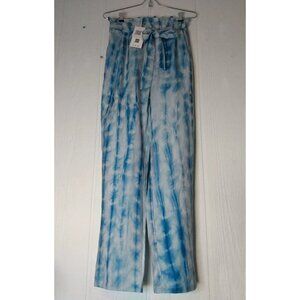 Grace Karin Womens Sz S Tie Dye Blue Paper Bag High Waist Cropped Pants Belt NWT